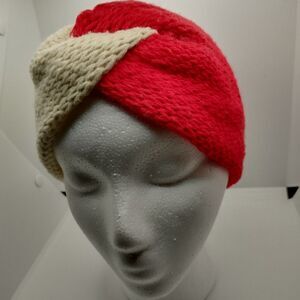 Hand Crafted Knit Unisex Hat Winter Ear Warmer Headbands Red Ivory